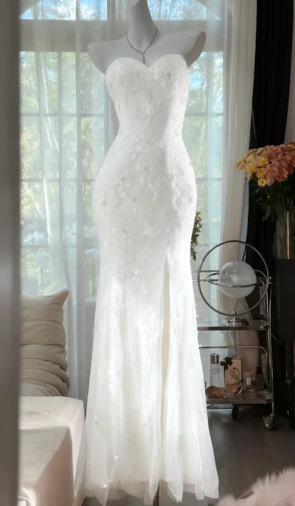 Gorgeous Mermaid Sweetheart Tulle Sequin Slit Beaded Long Prom Dress, Evening Dress C6243