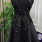 Formal Black A Line Strapless Satin Sequin Long Prom Dress, Evening Dress C6244