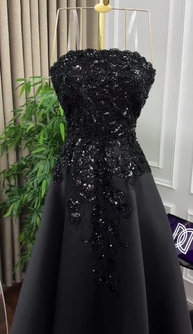 Formal Black A Line Strapless Satin Sequin Long Prom Dress, Evening Dress C6244