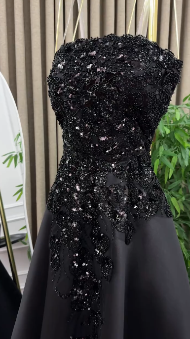 Formal Black A Line Strapless Satin Sequin Long Prom Dress, Evening Dress C6244