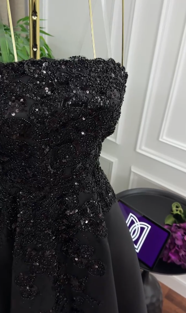 Formal Black A Line Strapless Satin Sequin Long Prom Dress, Evening Dress C6244