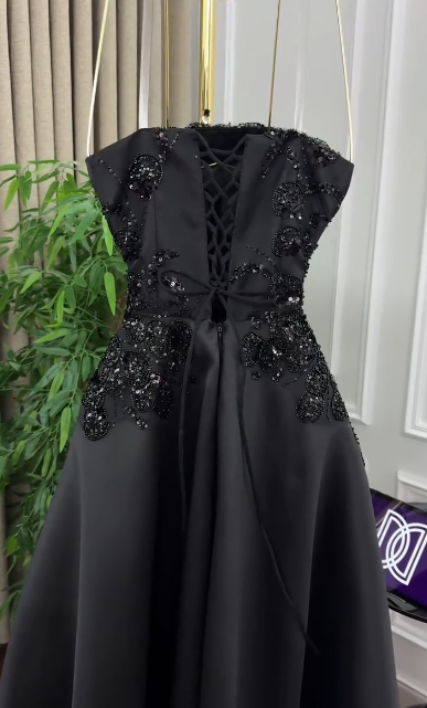 Formal Black A Line Strapless Satin Sequin Long Prom Dress, Evening Dress C6244