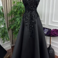 Formal Black A Line Strapless Satin Sequin Long Prom Dress, Evening Dress C6244