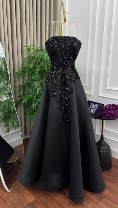 Formal Black A Line Strapless Satin Sequin Long Prom Dress, Evening Dress C6244
