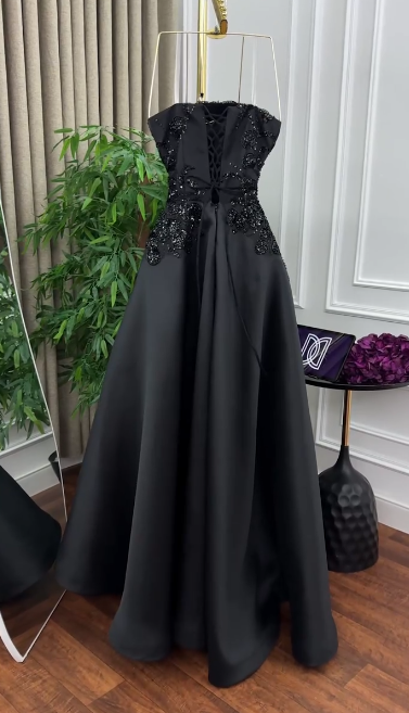 Formal Black A Line Strapless Satin Sequin Long Prom Dress, Evening Dress C6244