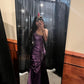 Formal Purple Mermaid One Shoulder Satin Beaded Long Prom Dress, Evening Dress C6245