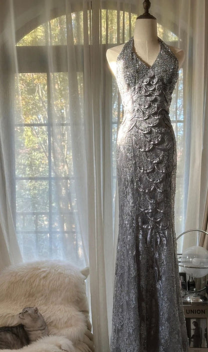 Gorgeous Mermaid Halter Tulle Lace Sequin Backless Long Prom Dress, Evening Dress C6247