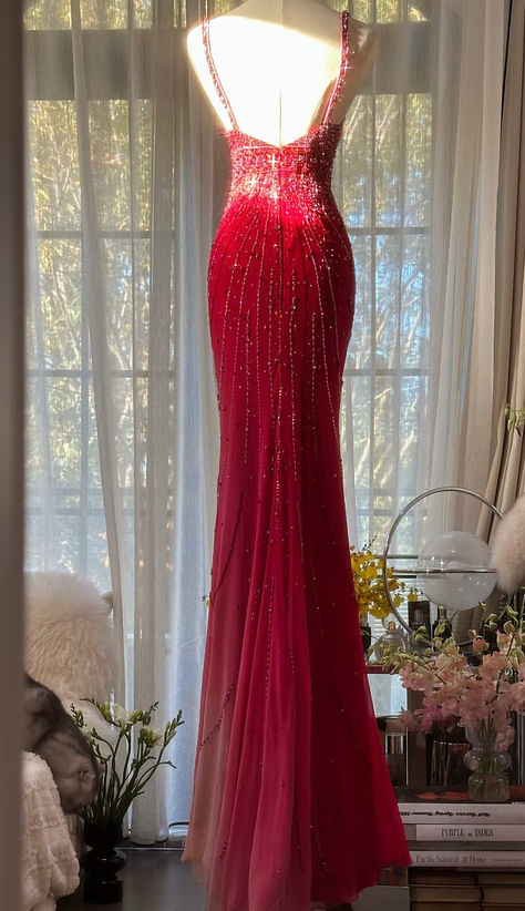 Red Mermaid Spaghetti Straps Tulle Beaded Long Prom Dress, Evening Dress C6248