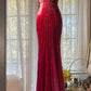 Red Mermaid Spaghetti Straps Tulle Beaded Long Prom Dress, Evening Dress C6248