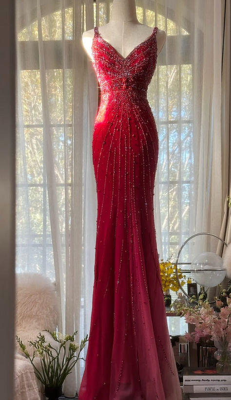 Red Mermaid Spaghetti Straps Tulle Beaded Long Prom Dress, Evening Dress C6248