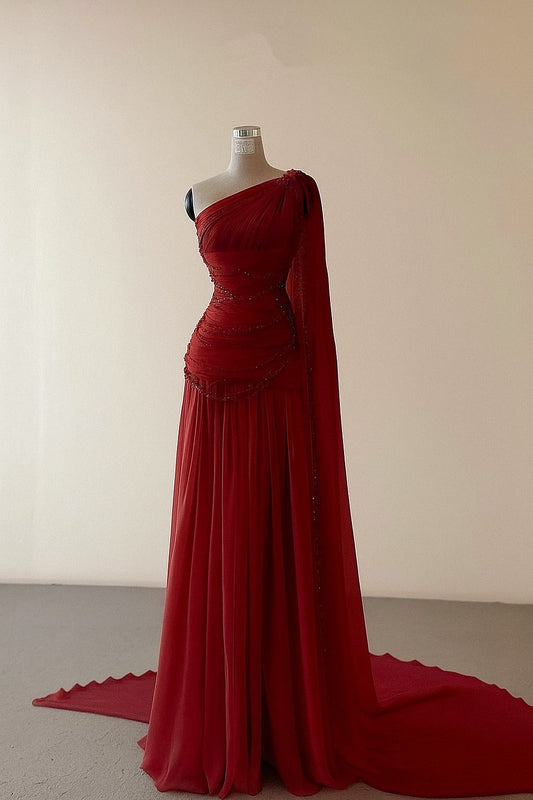 Pretty A Line Burgundy One Shoulder Chiffon Beaded Long Prom Dress, Evening Dress C6251