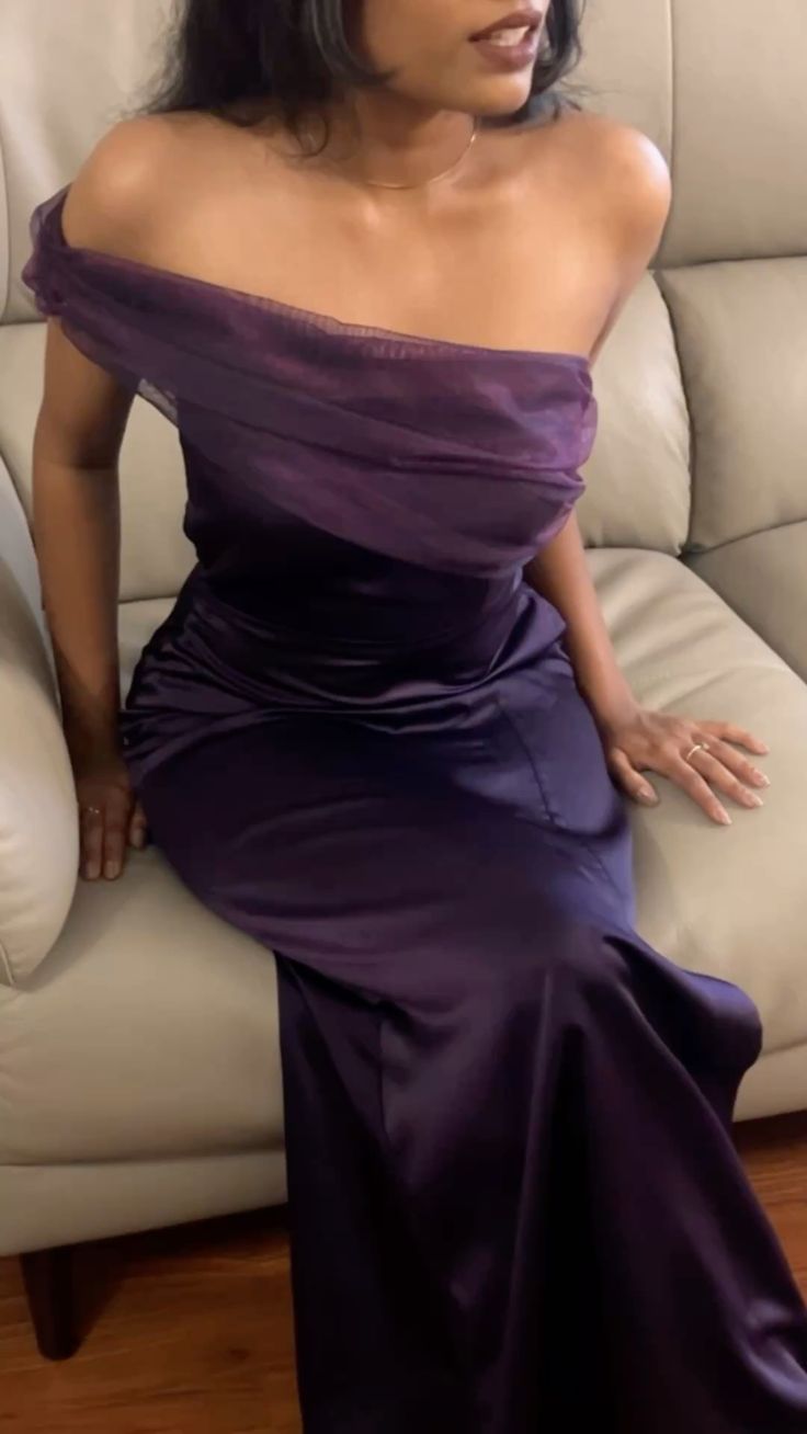 Modest Mermaid Purple One Shoulder Satin Tulle Long Prom Dress, Evening Dress C6252