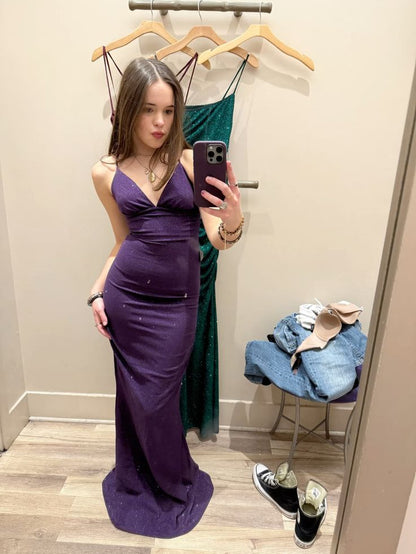 Sexy Mermaid Purple Spaghetti Straps Satin Sequin Long Prom Dress, Evening Dress C6253