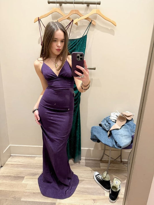 Sexy Mermaid Purple Spaghetti Straps Satin Sequin Long Prom Dress, Evening Dress C6253
