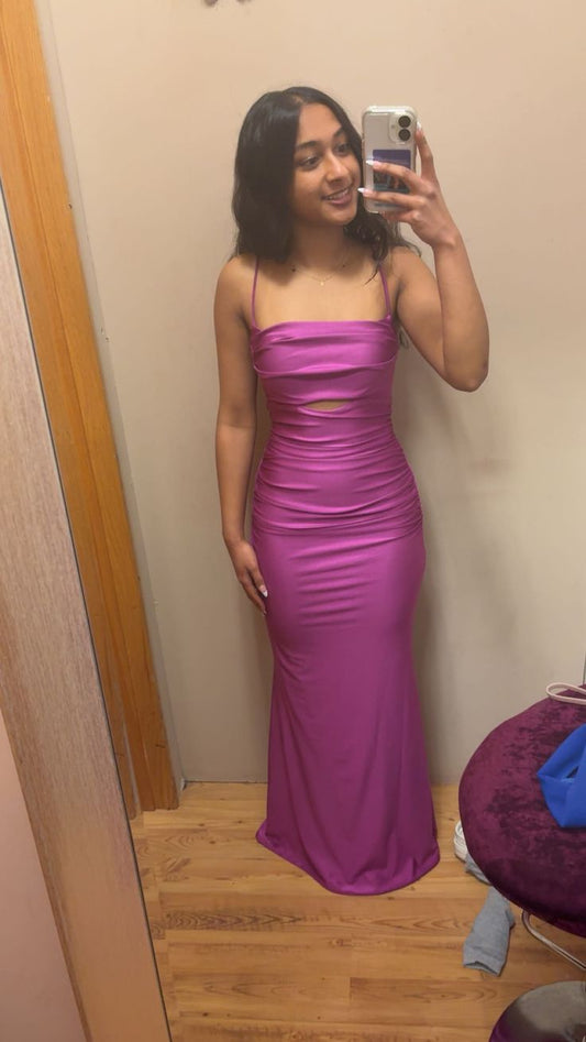 Simple Sheath Mermaid Spaghetti Straps Satin Hollow Long Prom Dress, Evening Dress C6254