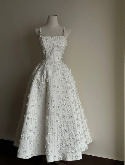 Robe de bal longue trapèze en satin blanc à appliqués carrés, robe de soirée C6256