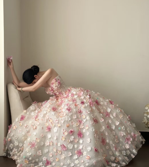 Fairy A Line Strapless Tulle Applique Long Prom Dress, Evening Dress C6257