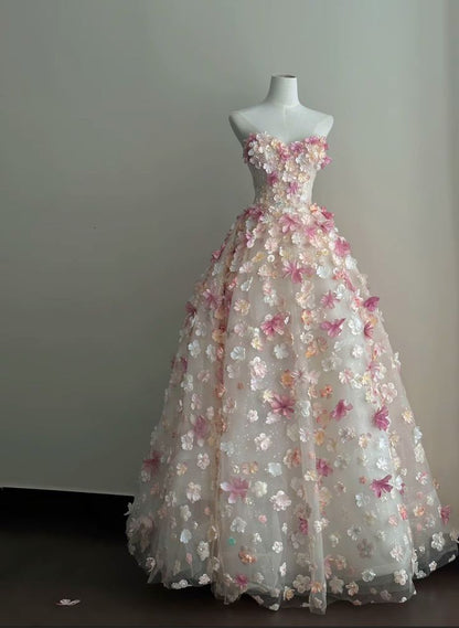 Fairy A Line Strapless Tulle Applique Long Prom Dress, Evening Dress C6257