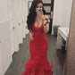 Charming Bodycon Mermaid Halter Red Satin Applique Long Prom Dress, Evening Dress C6258