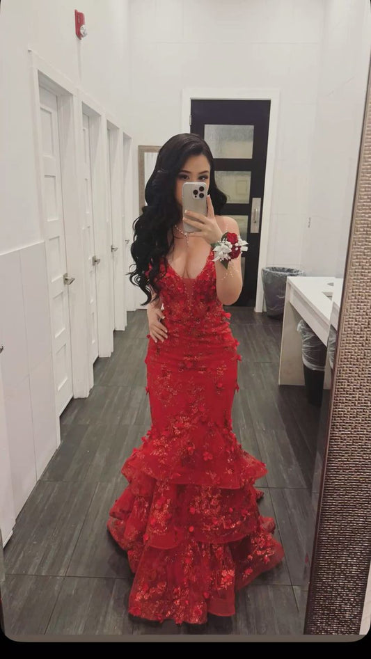 Charming Bodycon Mermaid Halter Red Satin Applique Long Prom Dress, Evening Dress C6258