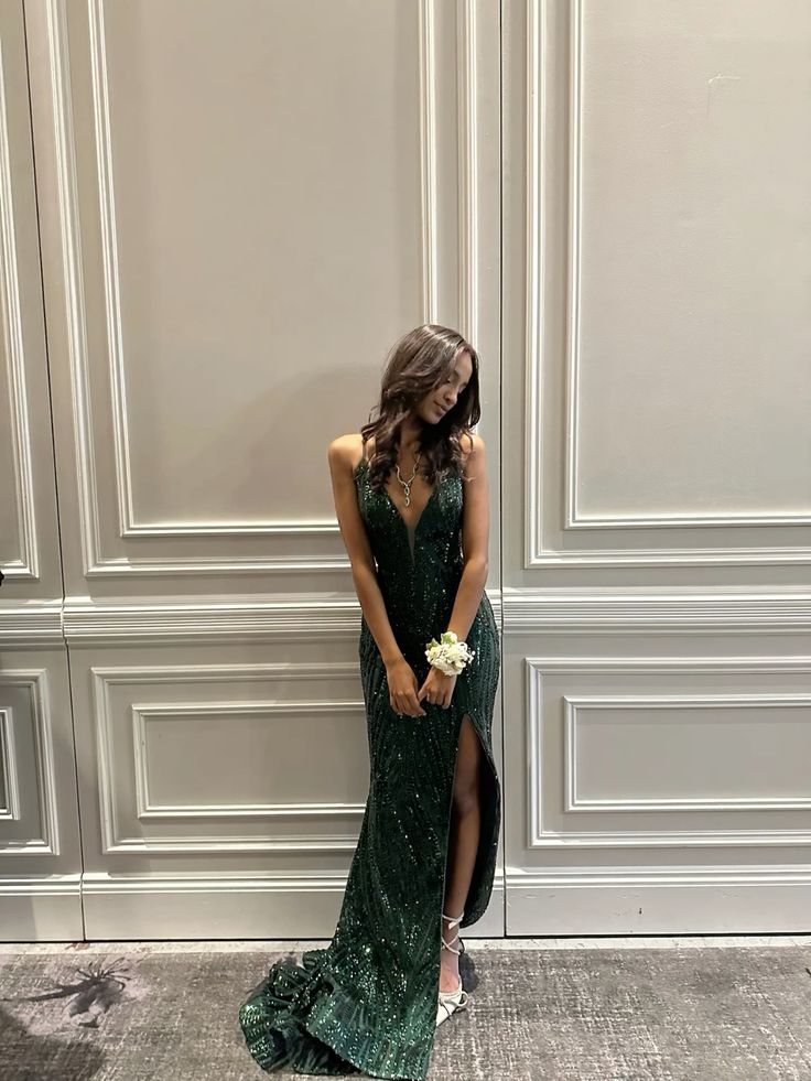 Chic Dark Green Mermaid Spaghetti Straps Satin Sequin Slit Long Prom Dress, Evening Dress C6259