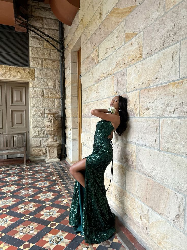 Chic Dark Green Mermaid Spaghetti Straps Satin Sequin Slit Long Prom Dress, Evening Dress C6259