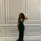 Chic Dark Green Mermaid Spaghetti Straps Satin Sequin Slit Long Prom Dress, Evening Dress C6259