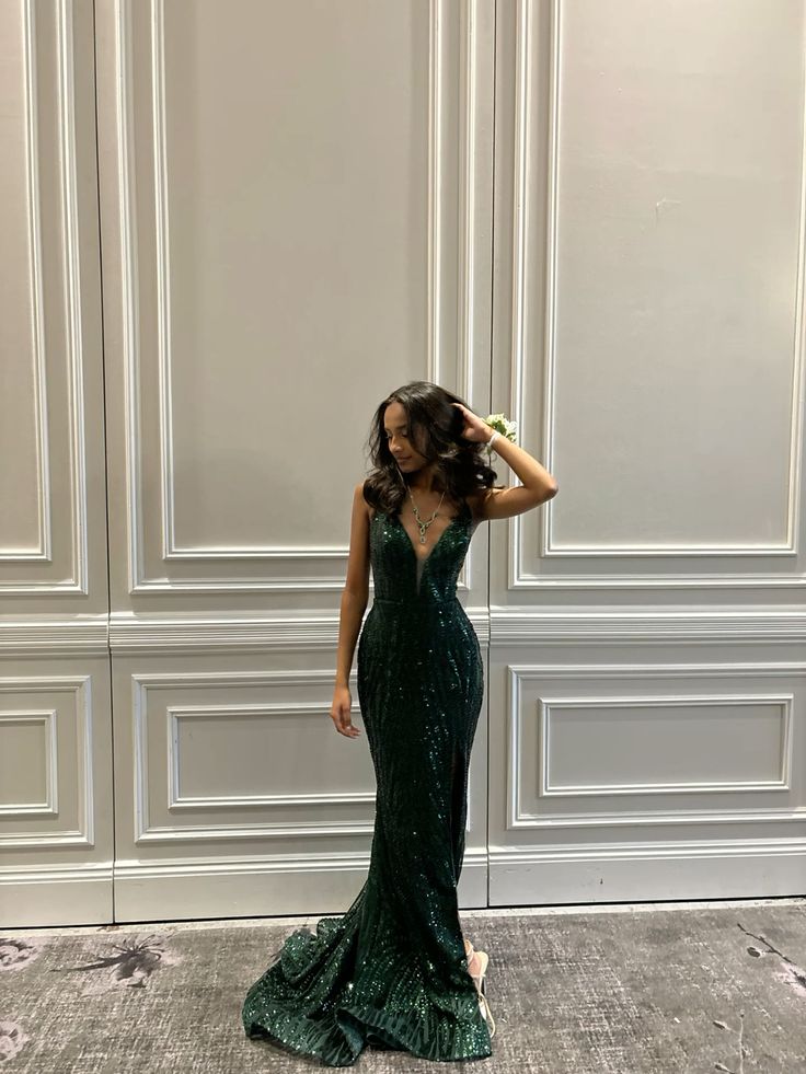 Chic Dark Green Mermaid Spaghetti Straps Satin Sequin Slit Long Prom Dress, Evening Dress C6259