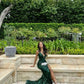 Chic Dark Green Mermaid Spaghetti Straps Satin Sequin Slit Long Prom Dress, Evening Dress C6259