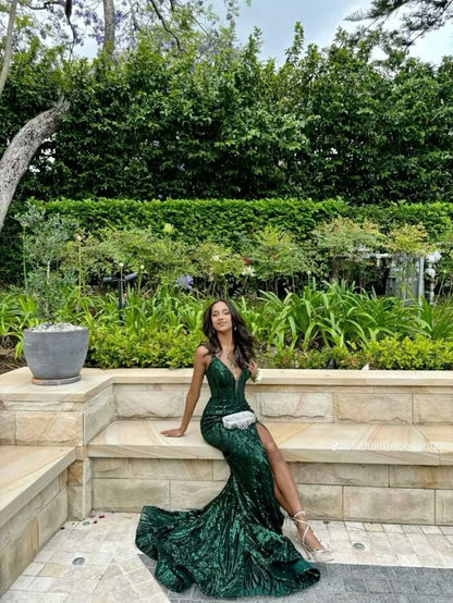 Chic Dark Green Mermaid Spaghetti Straps Satin Sequin Slit Long Prom Dress, Evening Dress C6259
