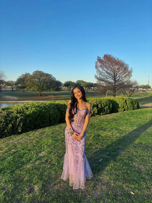 Classy Lilac Mermaid Off The Shooulder Tulle Sequin Long Prom Dress, Evening Dress C6260