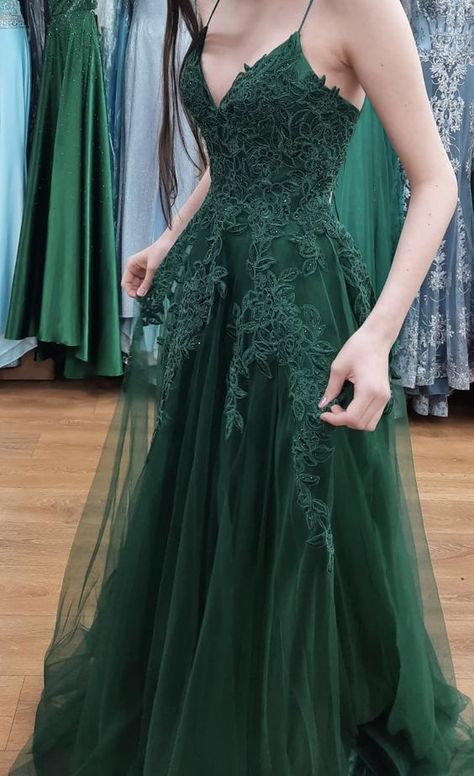 Pertty A Line Spaghetti Straps Dark Green Tulle Lace Long Prom Dress, Evening Dress C6261