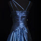 Chic A Line Spaghetti Straps Navy Satin Beaded Long Prom Dress, Evening Dress C6263