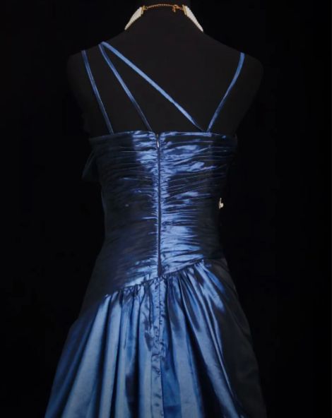 Chic A Line Spaghetti Straps Navy Satin Beaded Long Prom Dress, Evening Dress C6263