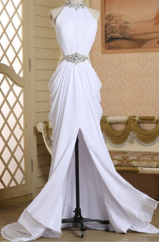 Classy White A Line Halter Satin Beaded Slit Long Prom Dress, Evening Dress C6264