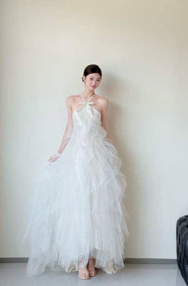 Robe de bal longue trapèze dos nu en tulle à sequins et perles, robe de soirée C6265