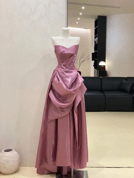 Modest A Line Strapless Satin Long Prom Dress, Evening Dress C6266