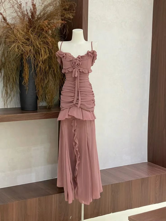 Unique Mermaid Spaghetti Straps Chiffon Ruffle Long Prom Dress, Evening Dress C6267