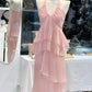 Robe de bal longue en mousseline rose pâle élégante, coupe trapèze, dos nu, référence C6268