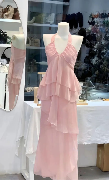 Robe de bal longue en mousseline rose pâle élégante, coupe trapèze, dos nu, référence C6268