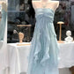 Pretty Pale Blue A Line Halter Chiffon Ruffle Long Prom Dress, Evening Dress C6269
