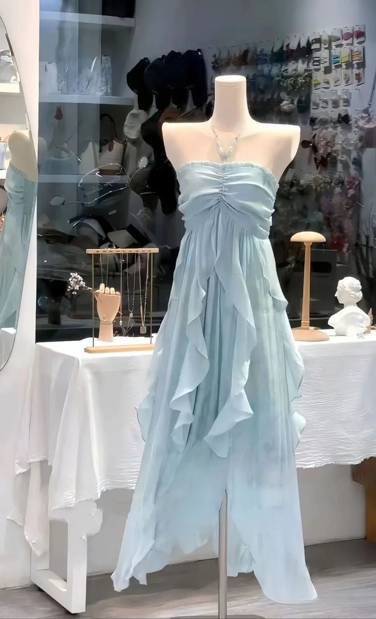Pretty Pale Blue A Line Halter Chiffon Ruffle Long Prom Dress, Evening Dress C6269