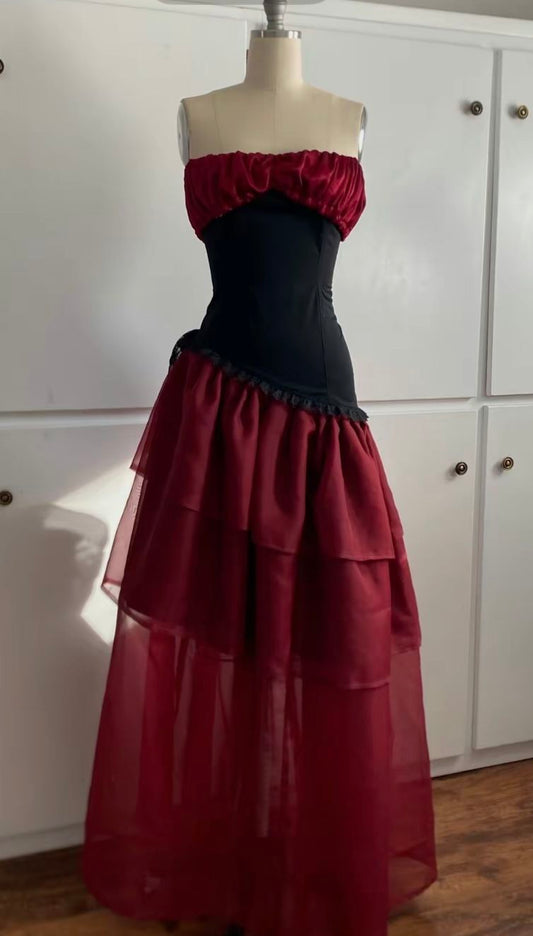 Unique A Line Strapless Satin Tiered Chiffon Long Prom Dress, Evening Dress C6271