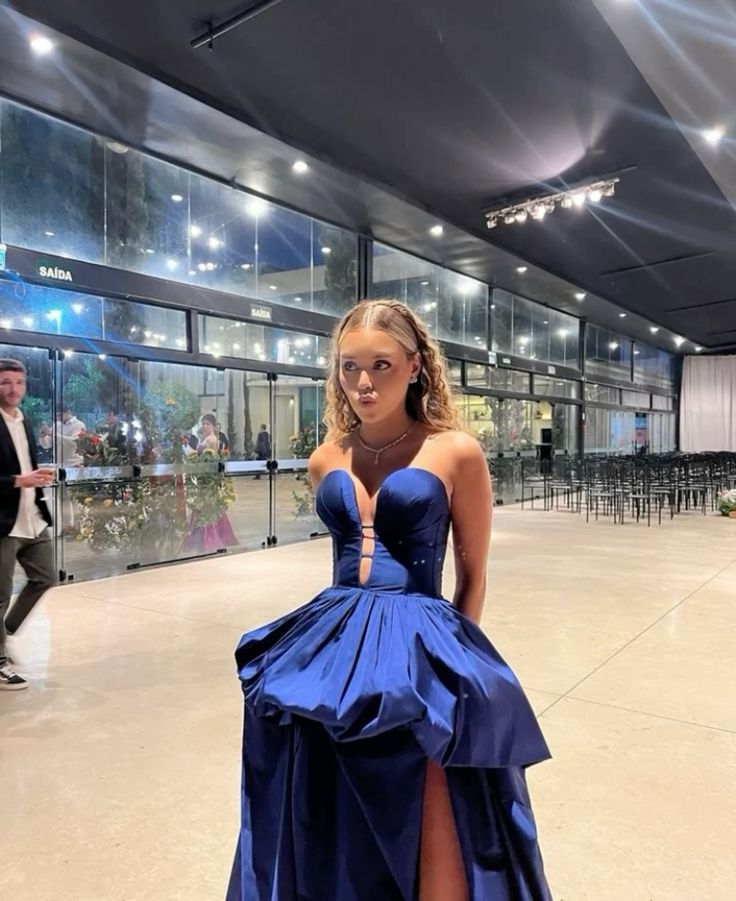 Chic A Line Strapless Satin Slit Long Prom Dress, Evening Dress C6273