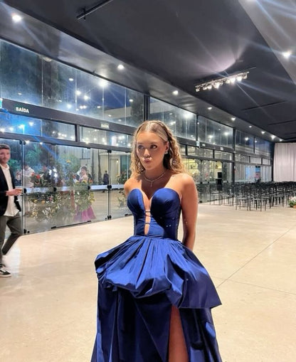 Chic A Line Strapless Satin Slit Long Prom Dress, Evening Dress C6273