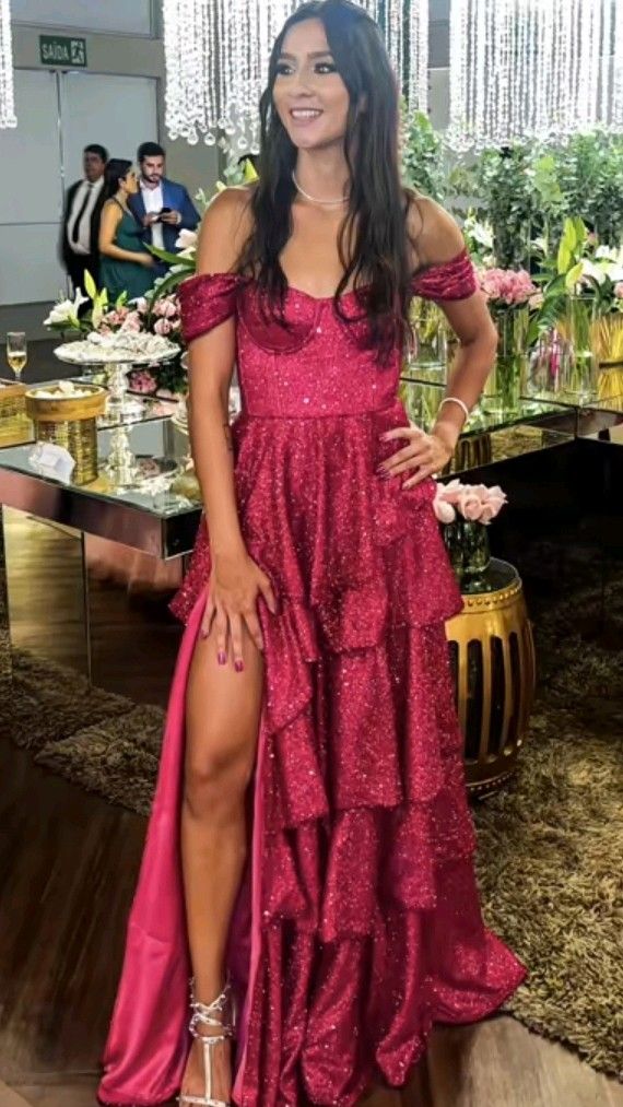 Vintage A Line Off The Shoulder Tiered Satin Sequin Long Prom Dress, Evening Dress C6280