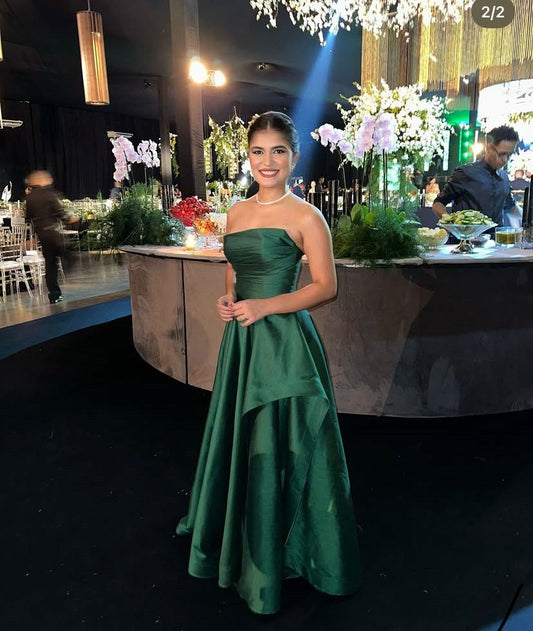 Elegant A Line Strapless Dark Green Satin Long Prom Dress, Evening Dress C6282