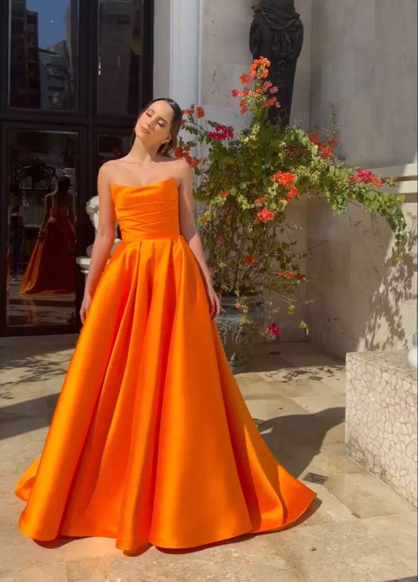 Elegant Orange A Line Strapless Satin Long Prom Dress, Evening Dress C6283