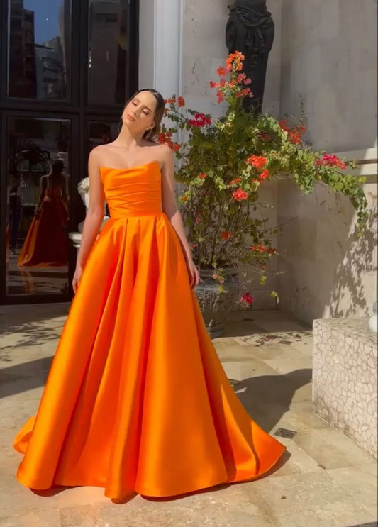 Elegant Orange A Line Strapless Satin Long Prom Dress, Evening Dress C6283