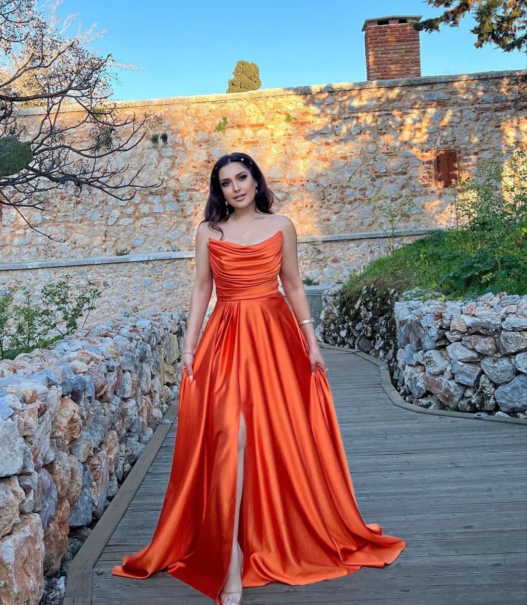 Chic Orange A Line Strapless Pleated Satin Slit Long Prom Dress, Evening Dress C6284